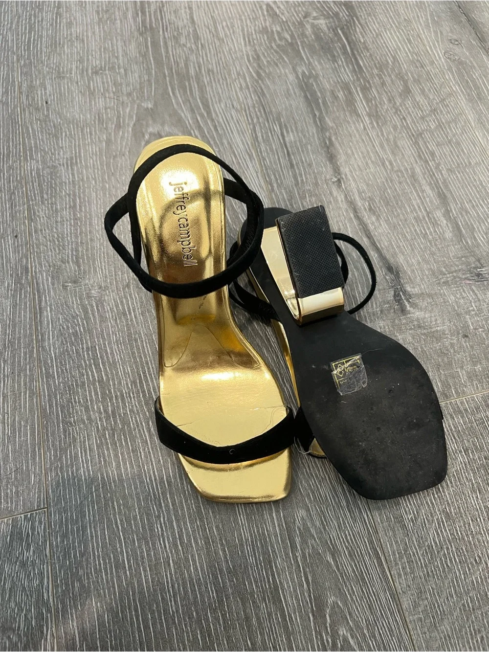 Jeffrey Campbell Black and Gold Strappy Block-Heel Sandals